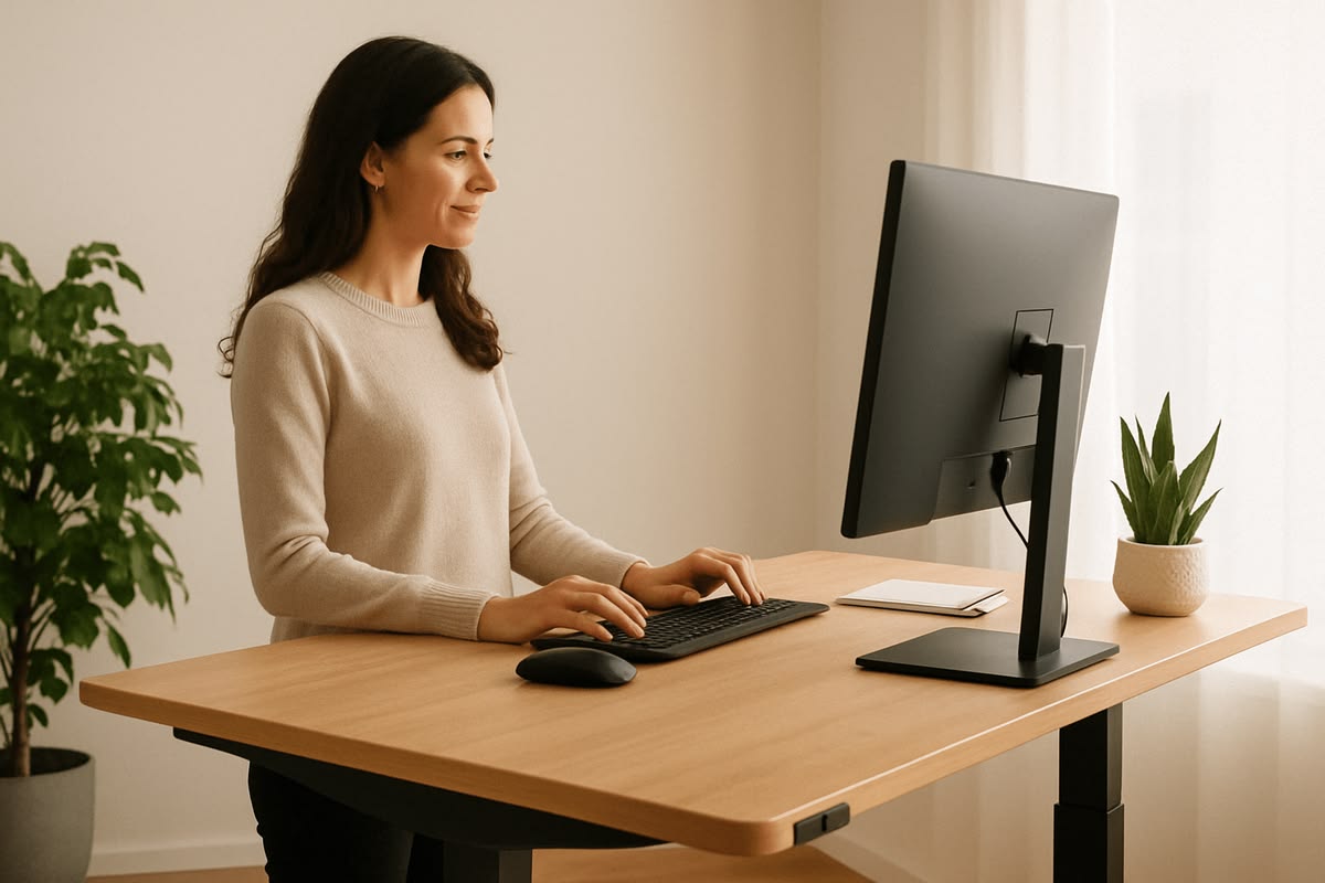 Worker adjusting monitor height while seated at a desk with neutral posture
